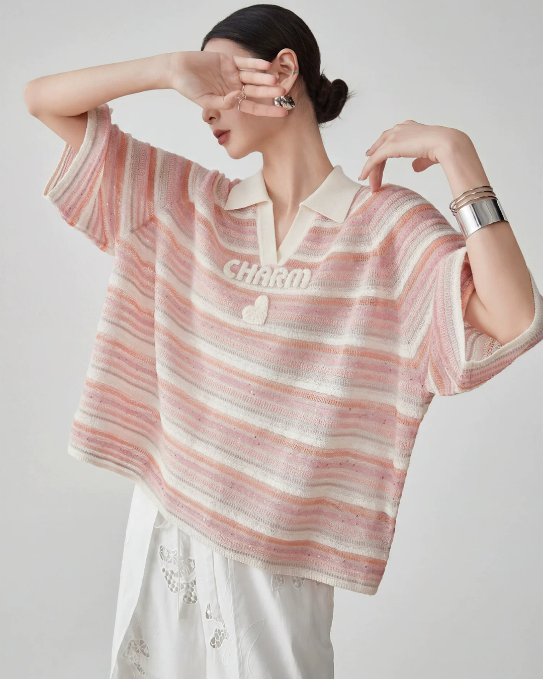 Sheer Border Pattern Polo Sweater FER0351