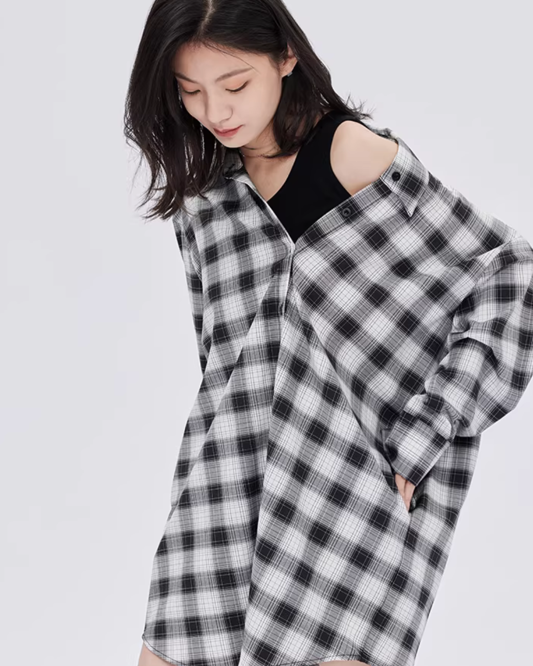 Off-Shoulder Plaid Shirt Dress SHN0049