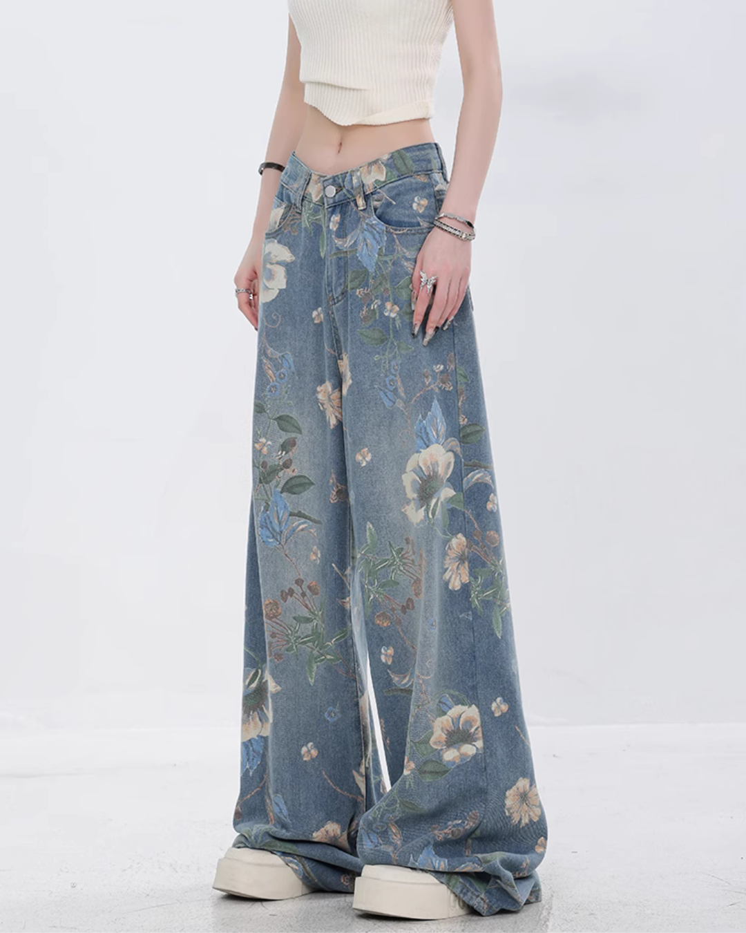 Flower Design Wide Denim Pants ABW0013