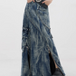 Vintage Wash Design Long Denim Skirt KNH0007