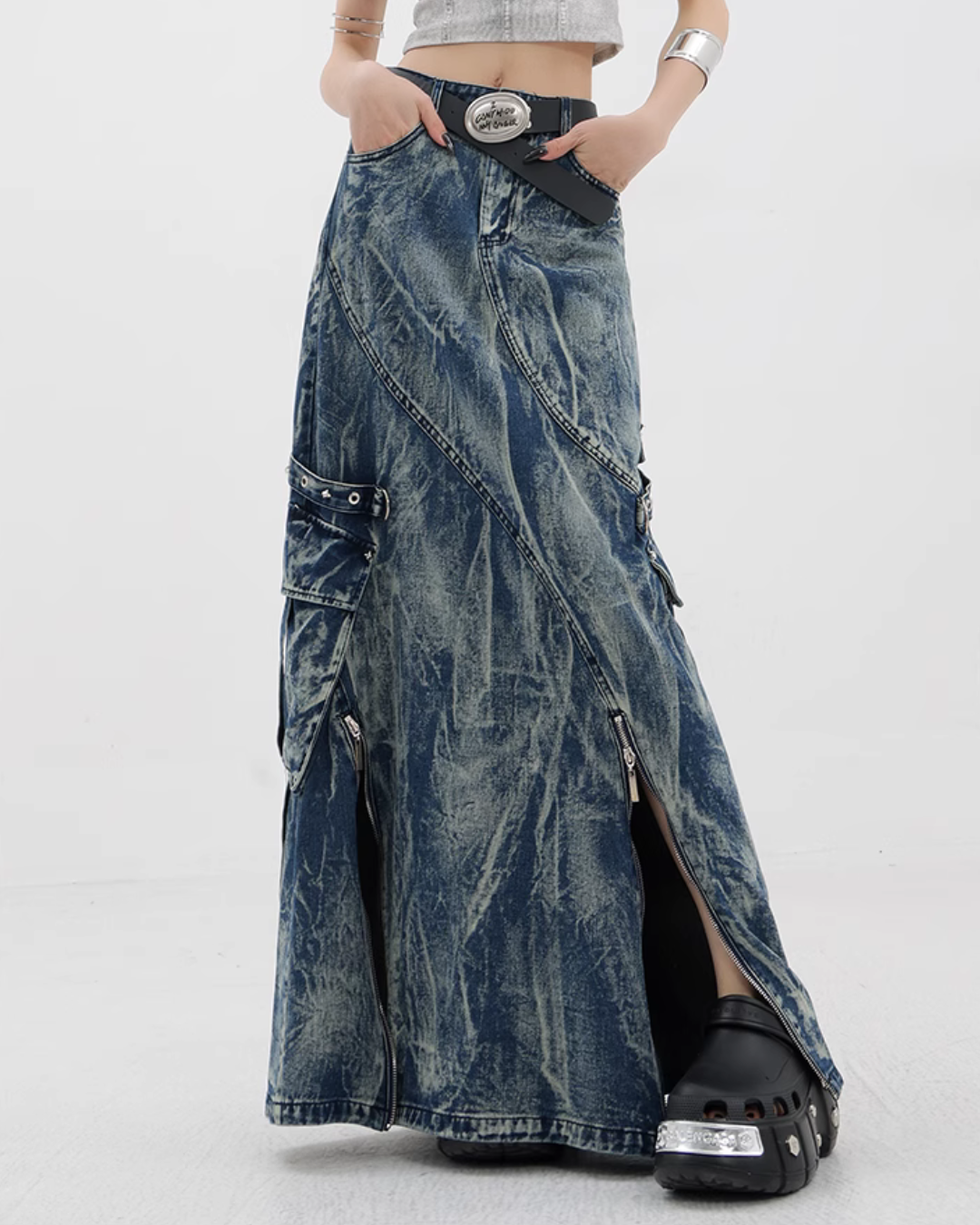 Vintage Wash Design Long Denim Skirt KNH0007