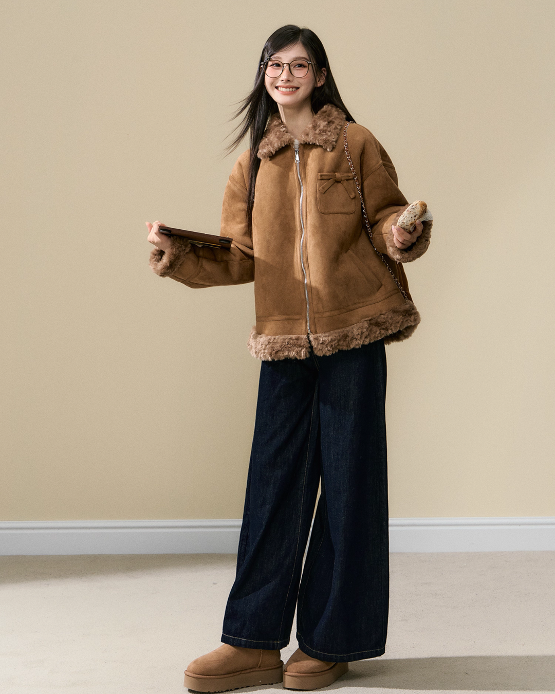 Faux Mouton Coat/Wide Denim Pants ELS0016
