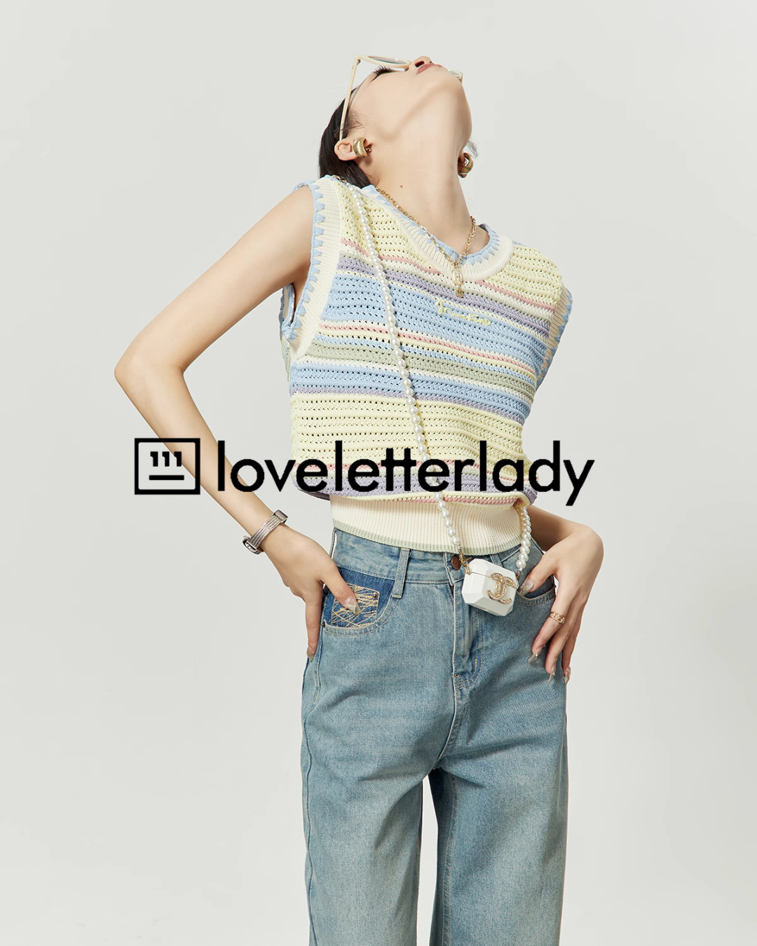 Pastel Summer Knit Vest / Wide Denim Pants LLA0186