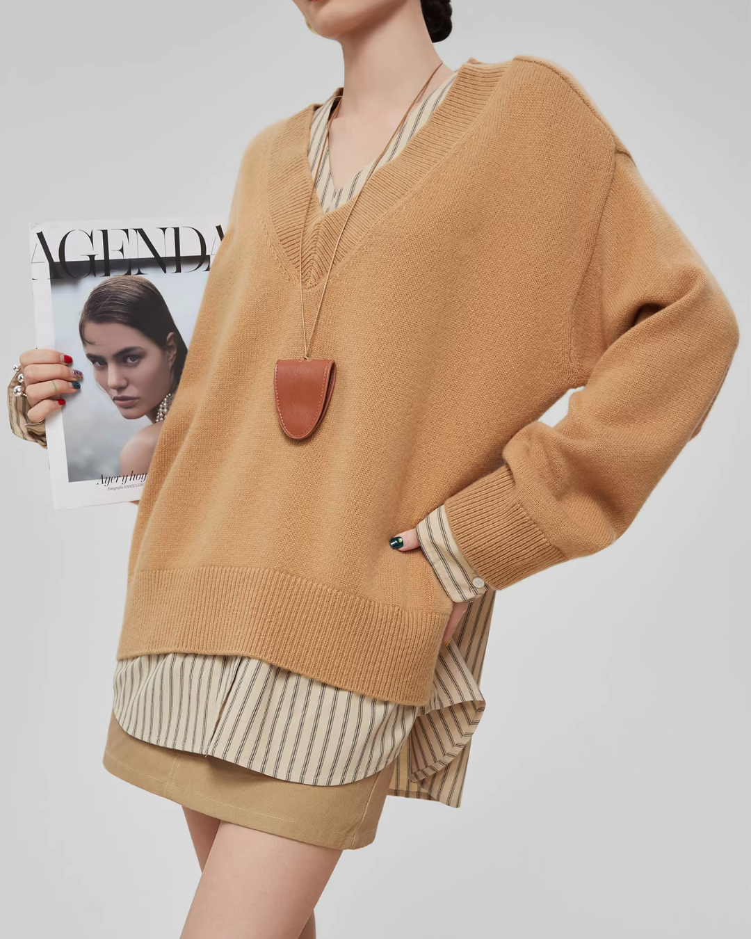V-Neck Long Sleeve Knit Docking Shirt FER0037