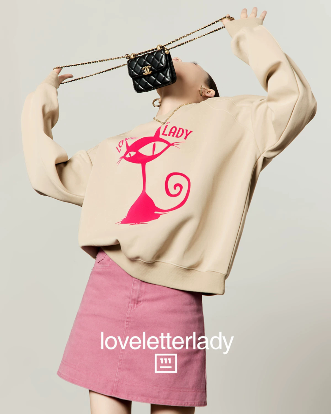 Cute Cat Print Sweatshirt / Pink Mini Skirt LLA0654