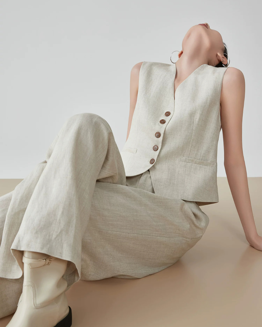 Linen V-Neck Vest / Wide Relaxed Pants FER0270
