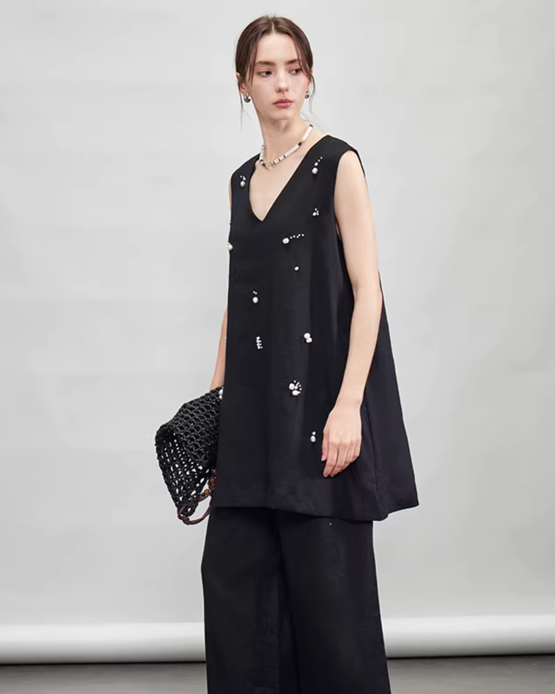 V-Neck Linen Sleeveless / Straight Linen Wide Pants TEO0012