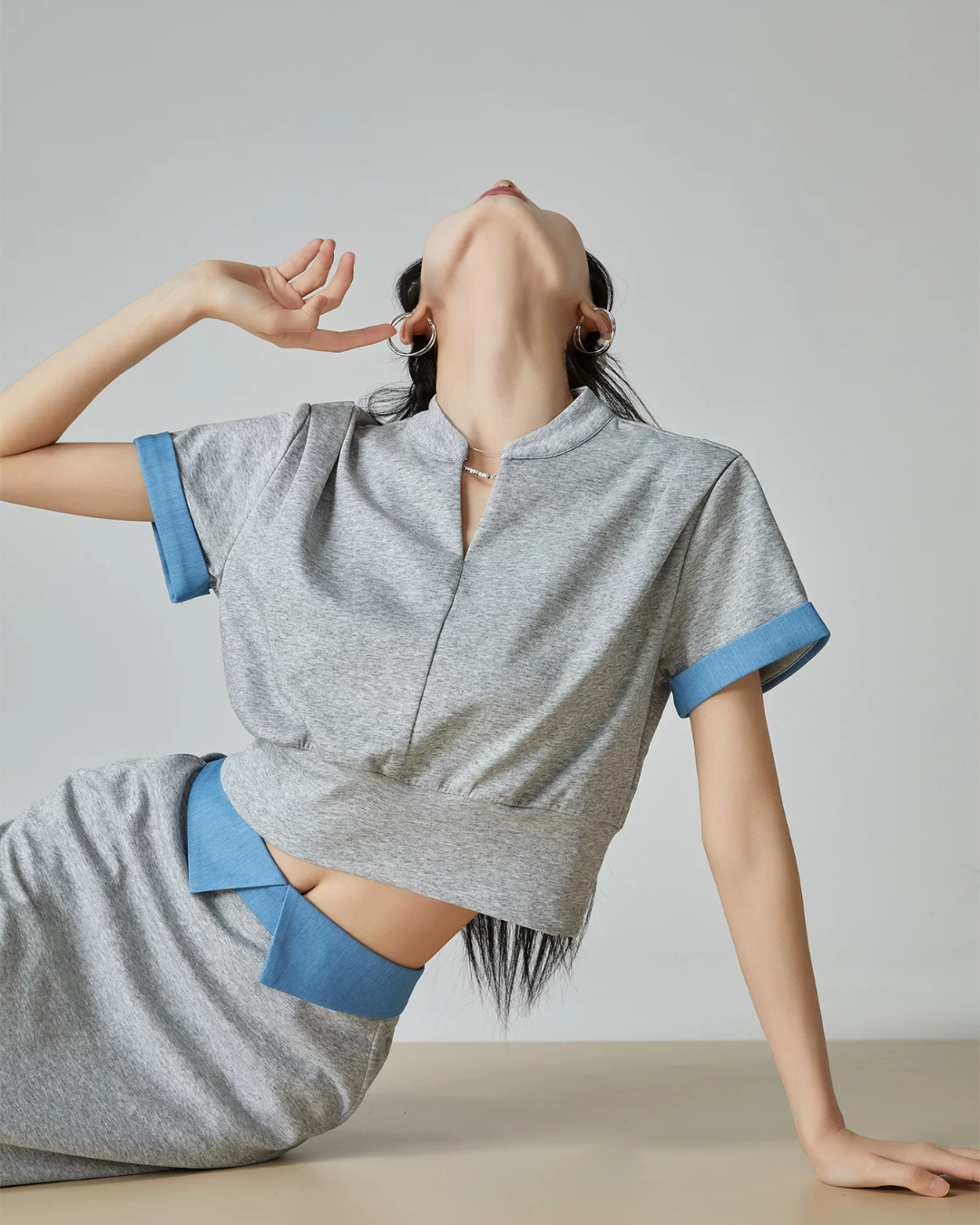 Blue Color-Block Ribbed Zip Top / Long Skirt FER0312
