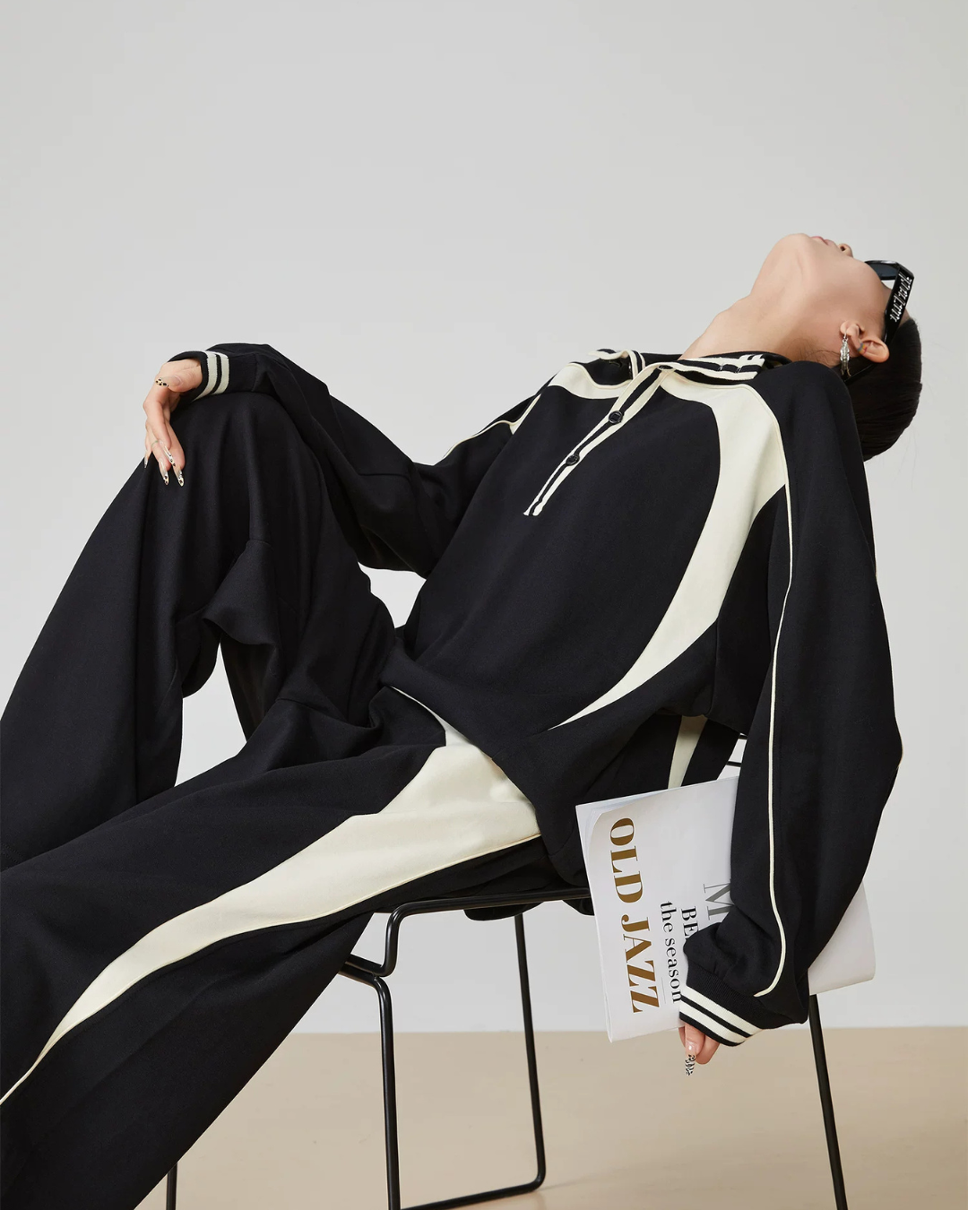 Color-Contrast Collared Long-Sleeve / Casual Wide Pants  FER0378
