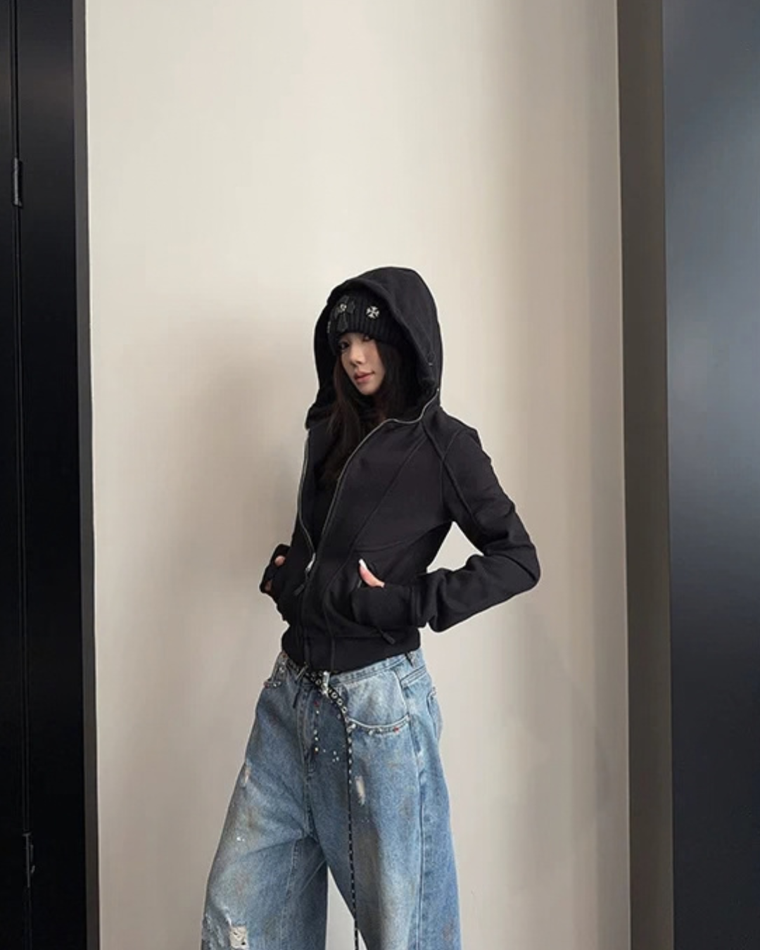 High-Neck Hooded Zip-Up Hoodie YLS1057