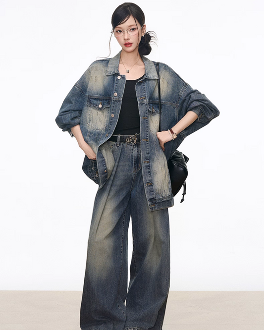 【auroraboutique】デニムセットアップ Denim Blue Stitched Denim Jacket & Skirt LLA0320