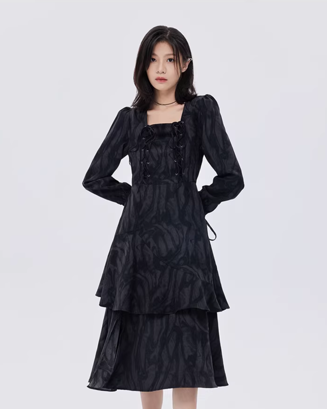 Marble Mid-Length Black Dress SHN0051