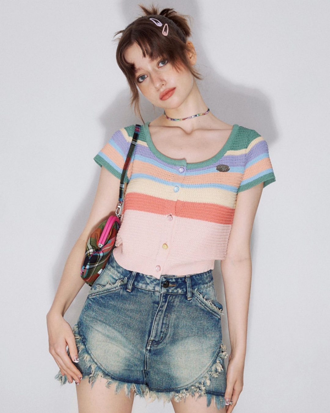 Colorful Border Knit Short Sleeve Cardigan ZZF0214