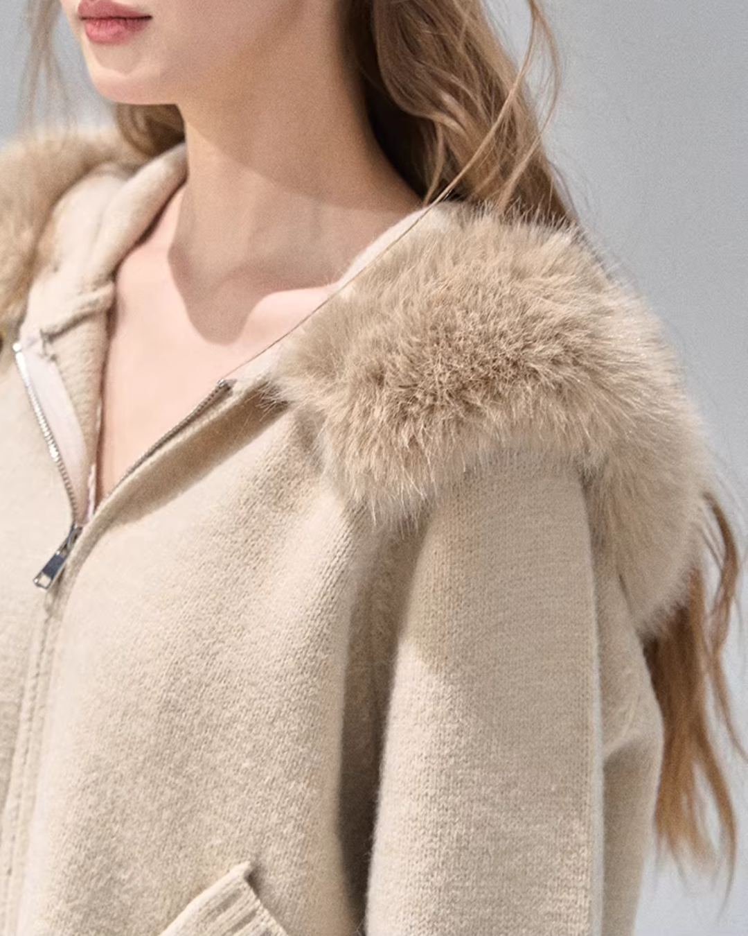 Hooded Fur Zip Knit Cardigan RCR0013