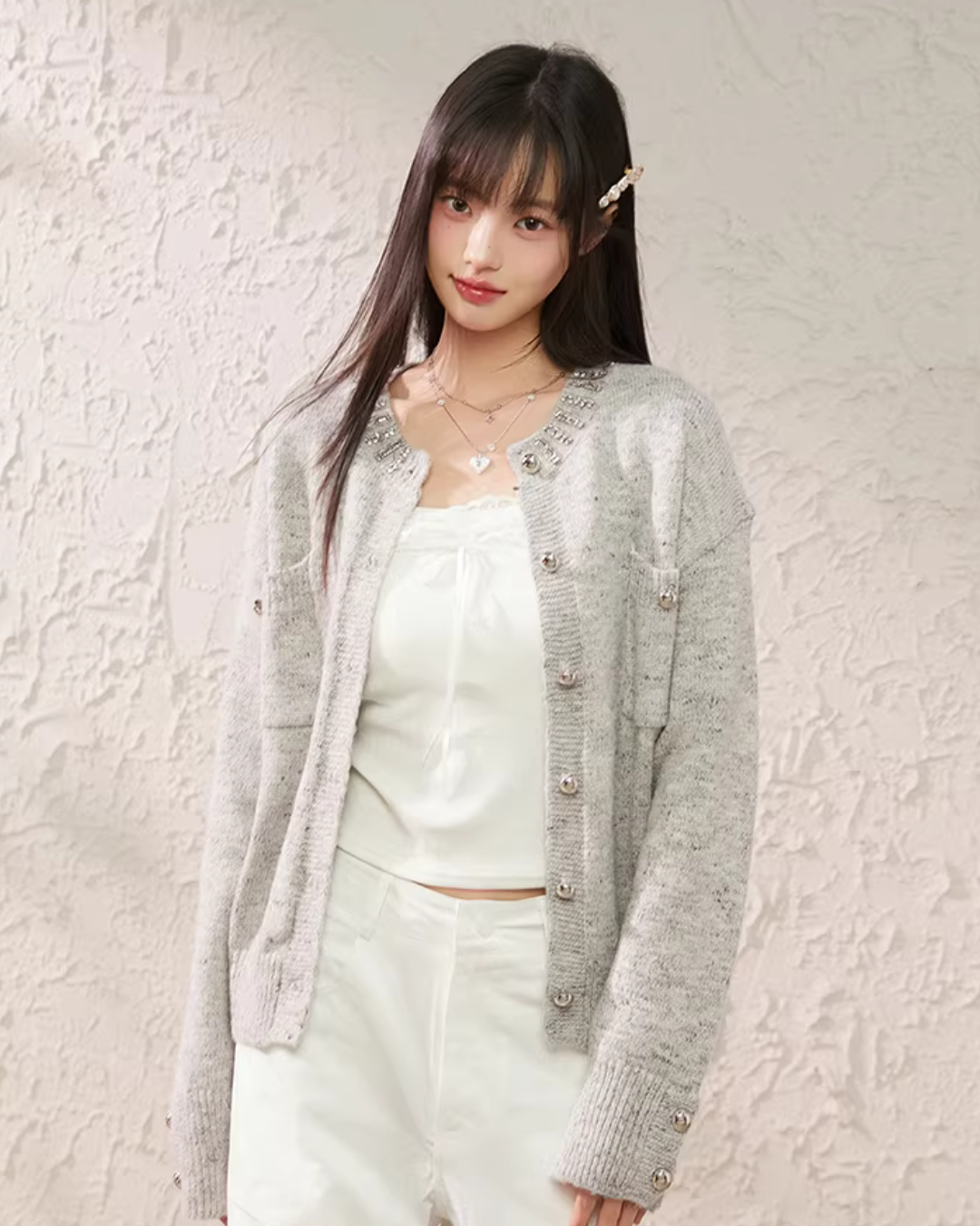 Speckled Rhinestone Knit Cardigan / Rhinestone Flash Jeans  KIP0010