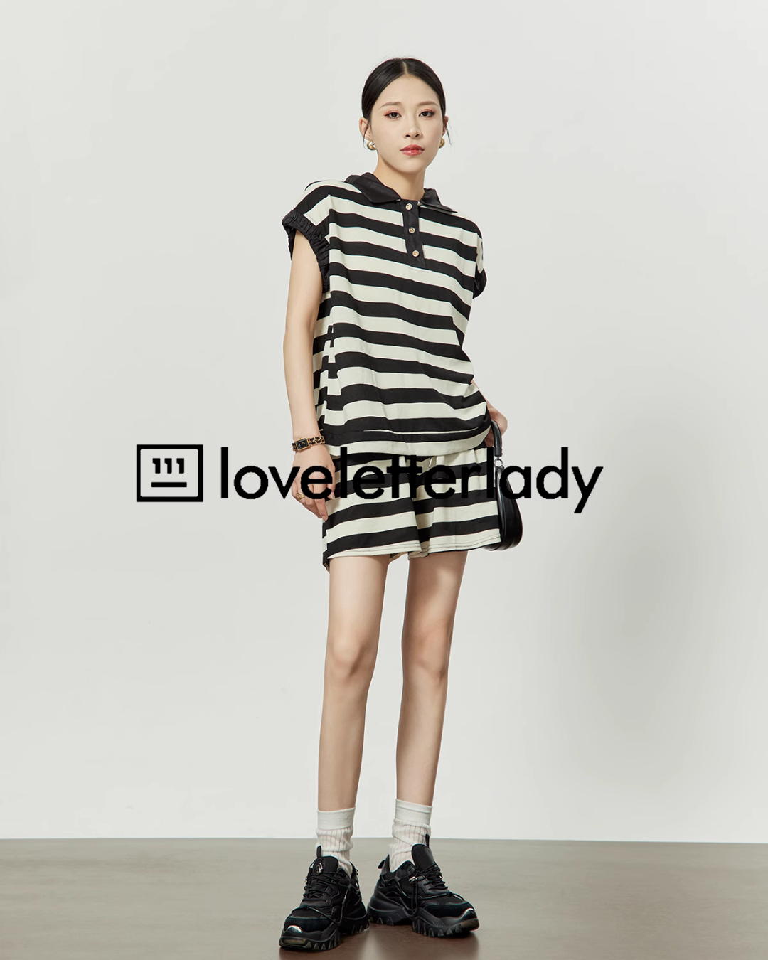 French Sleeve Striped Polo Shirt / Shorts LLA0245