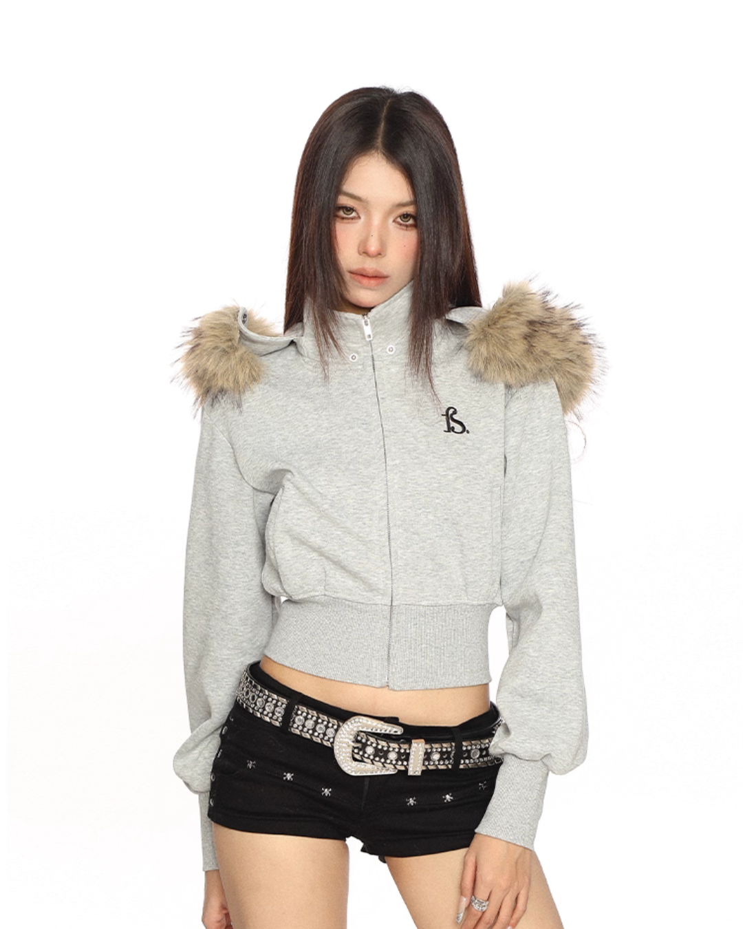 Fur Cropped Zip Up Hoodie BGS0013