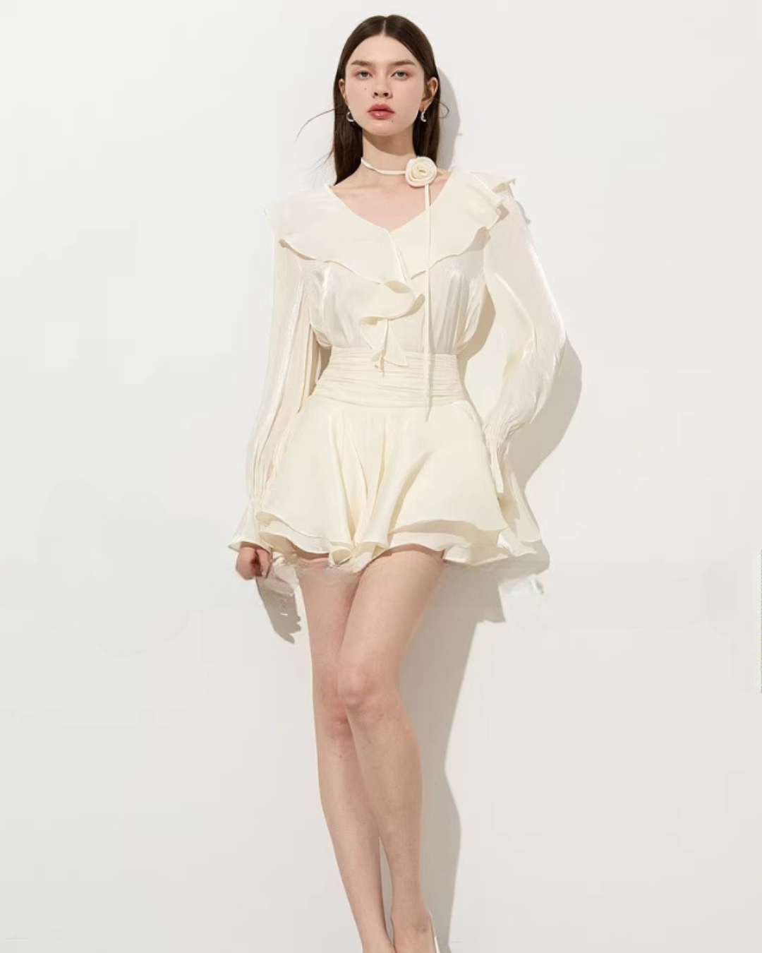 V-Neck Sparkly Sheer Top / Flared Mini Skirt DPY0079