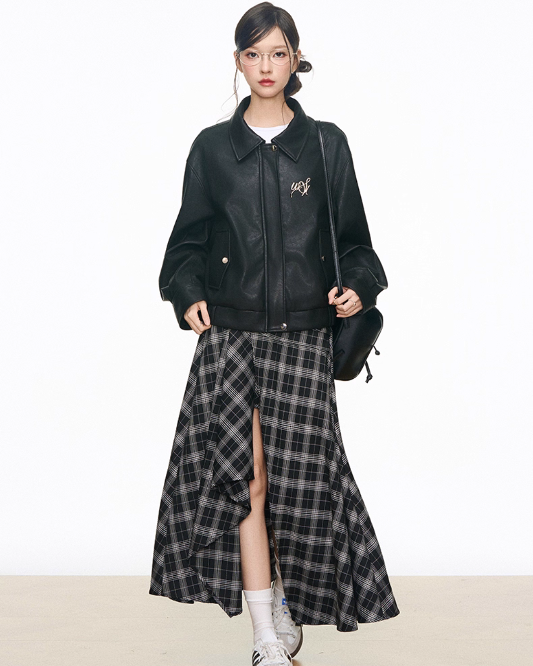 Leather Jacket / Asymmetric Check Pattern Skirt WEO0064