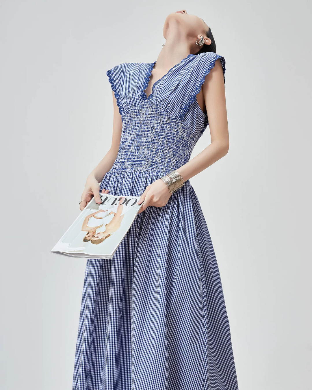 Gingham Check Shirring Long Dress FER0249