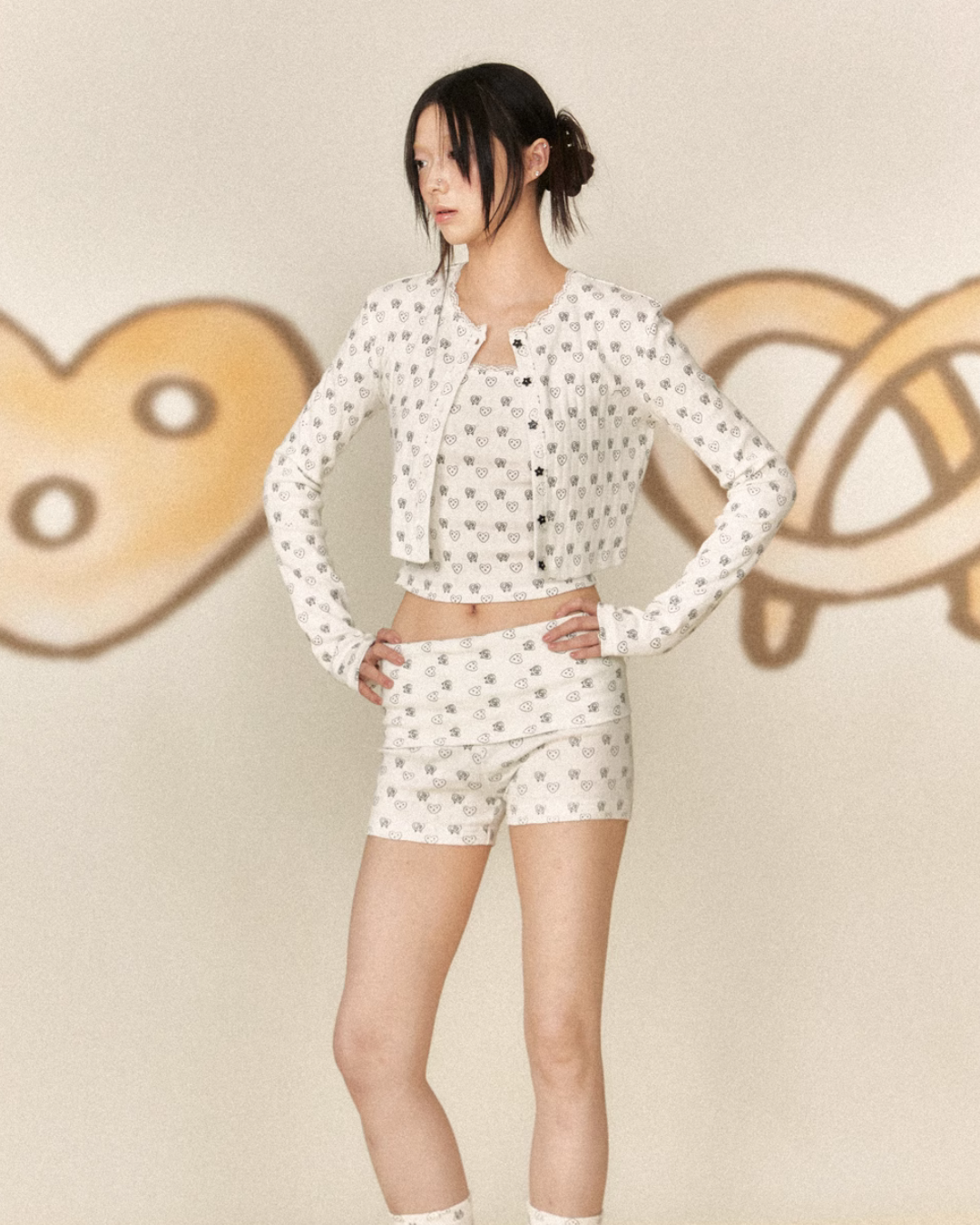 Heart Print Cardigan / Camisole / Slim Pants JKO0015