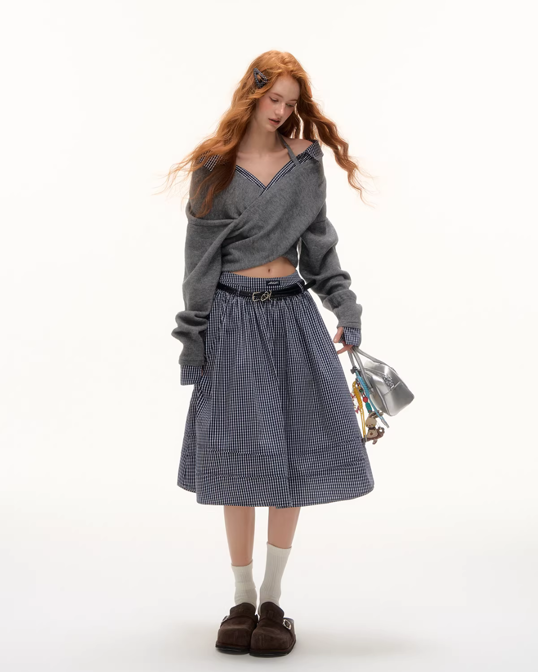 Front Wrap Knit Top/Gingham Check Skirt ASG0074