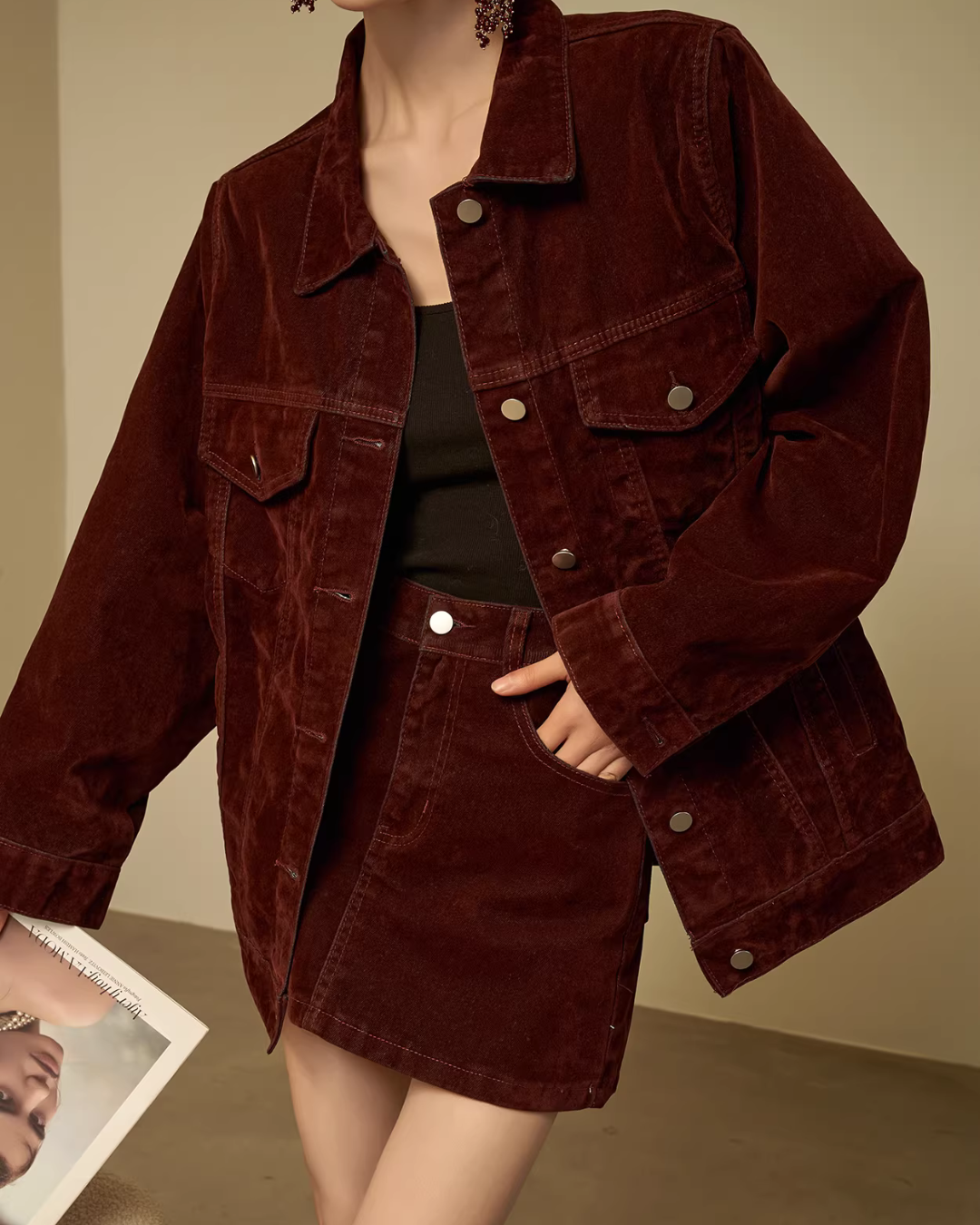 Wine Red Corduroy Jacket / Mini Skirt SUY0030