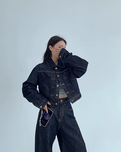 Dark Blue Denim Jacket / Wide Denim Pants YLS0912