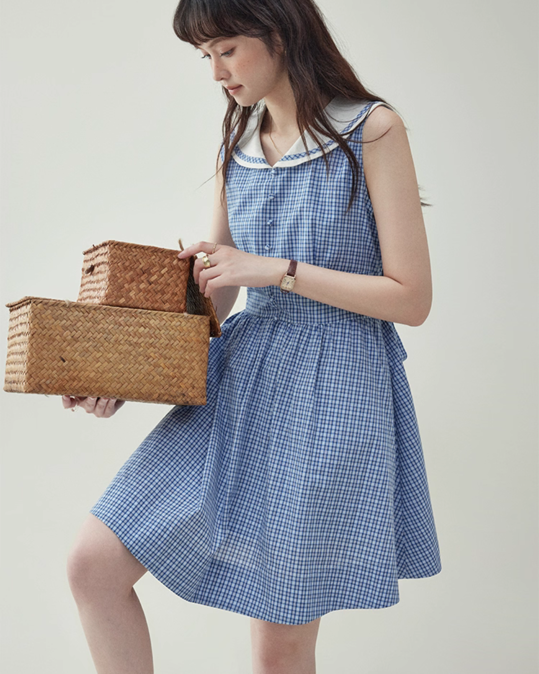 Blue Plaid Sleeveless Collar Dress AMU0031