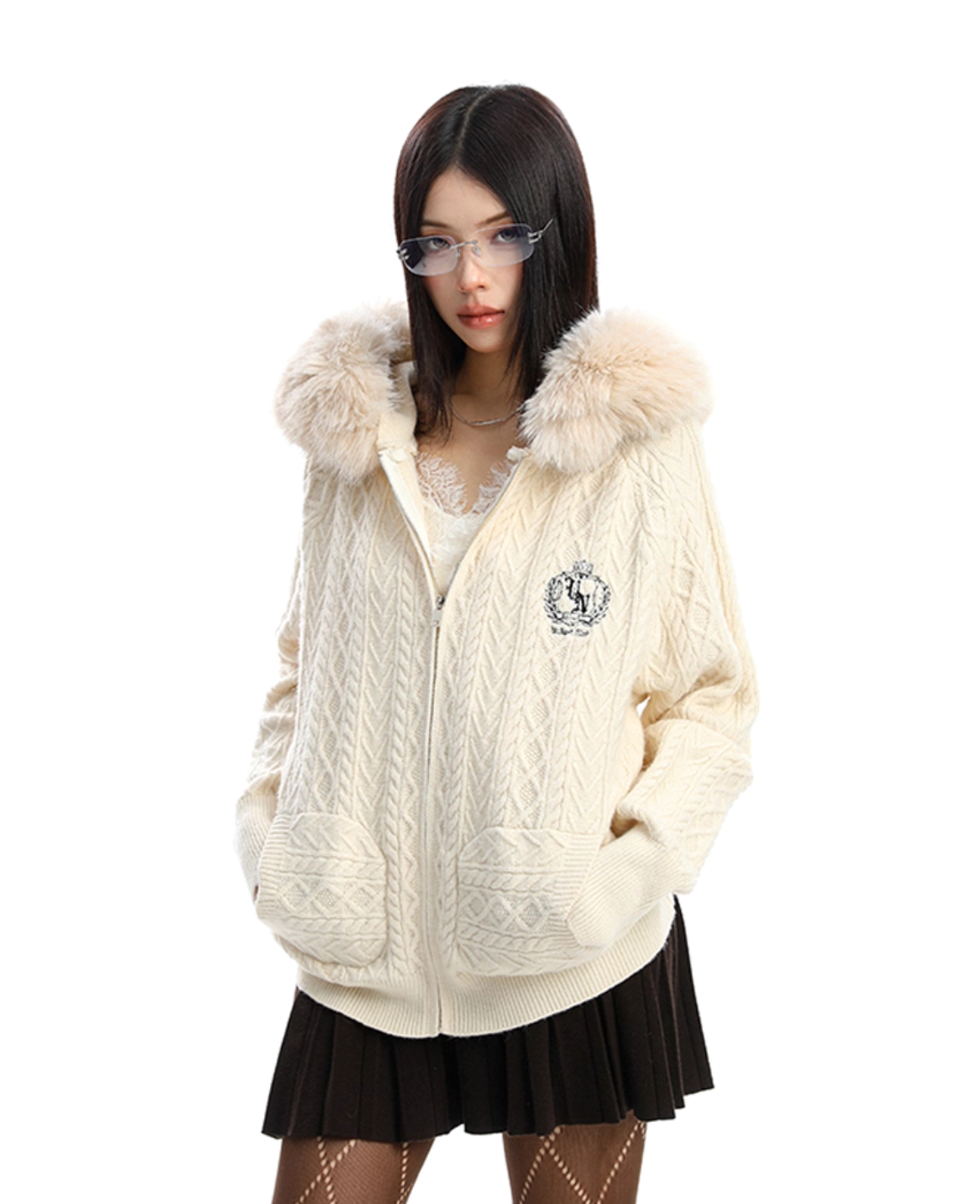 Fur Hood Cable Knit Top BGS0034