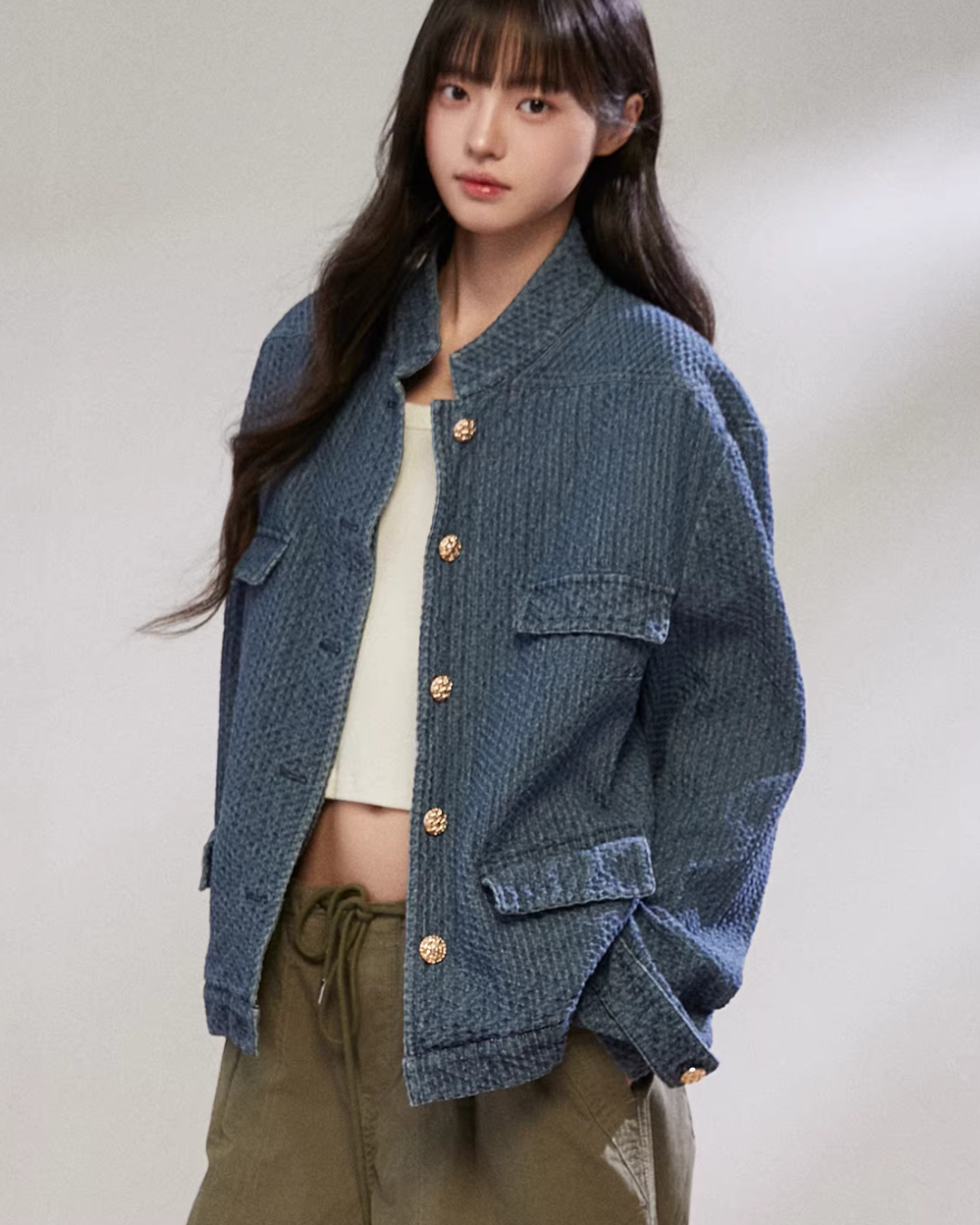Retro Stand Collar Denim Jacket  KIP0006