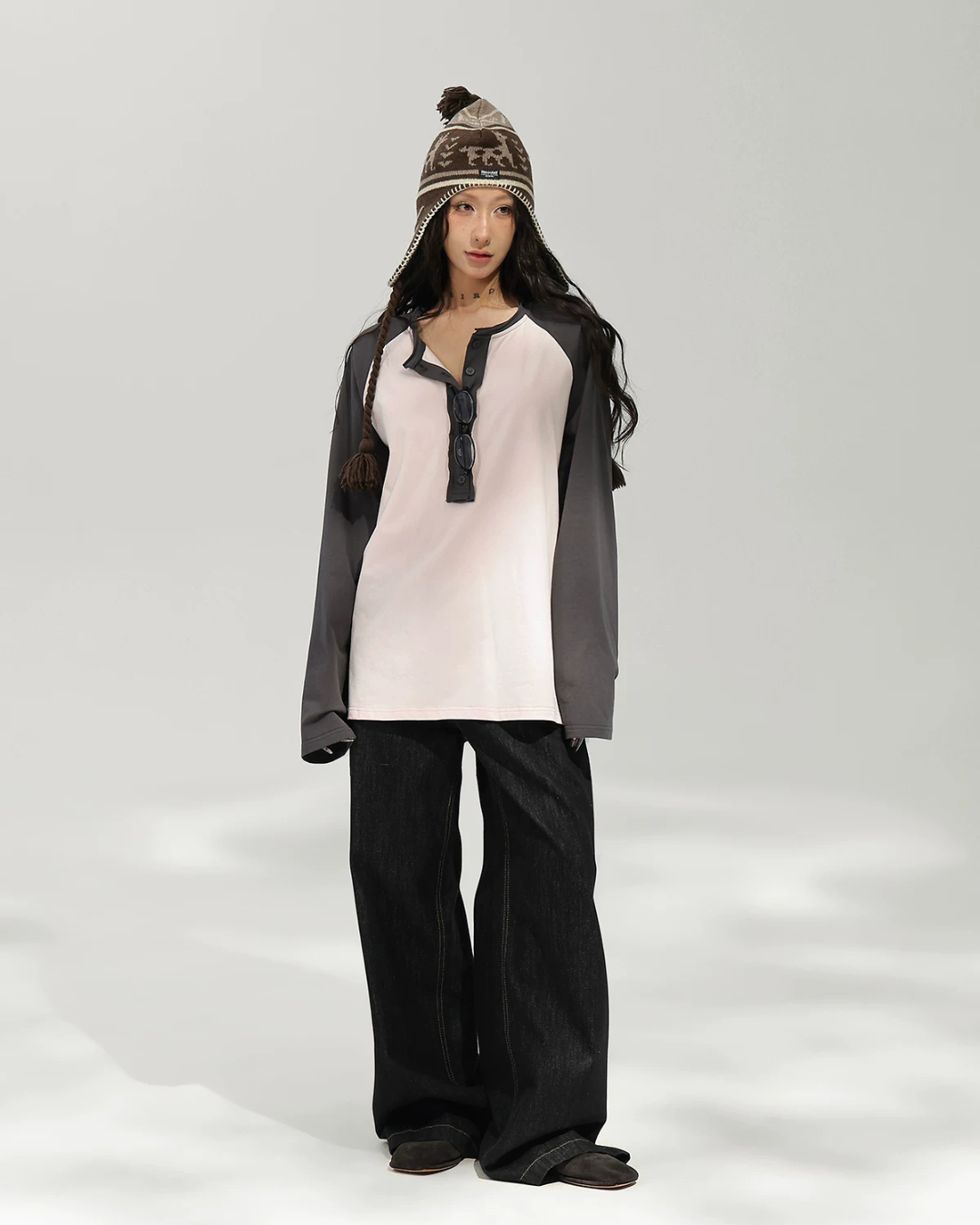 Henley Neck Raglan Sleeve Long-Sleeve T-Shirt ACS0382