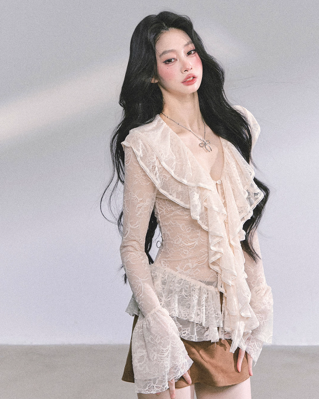 Wool Blazer Jacket/Mini Skirt/Frill Lace Blouse LAS0042
