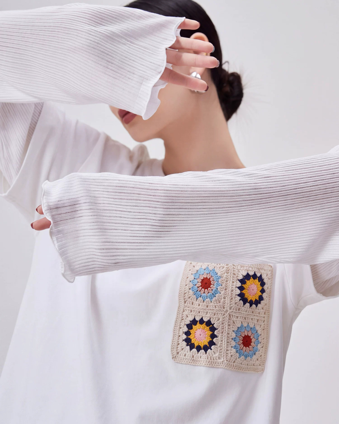 Crochet Flower Pocket Oversized Top FER0367