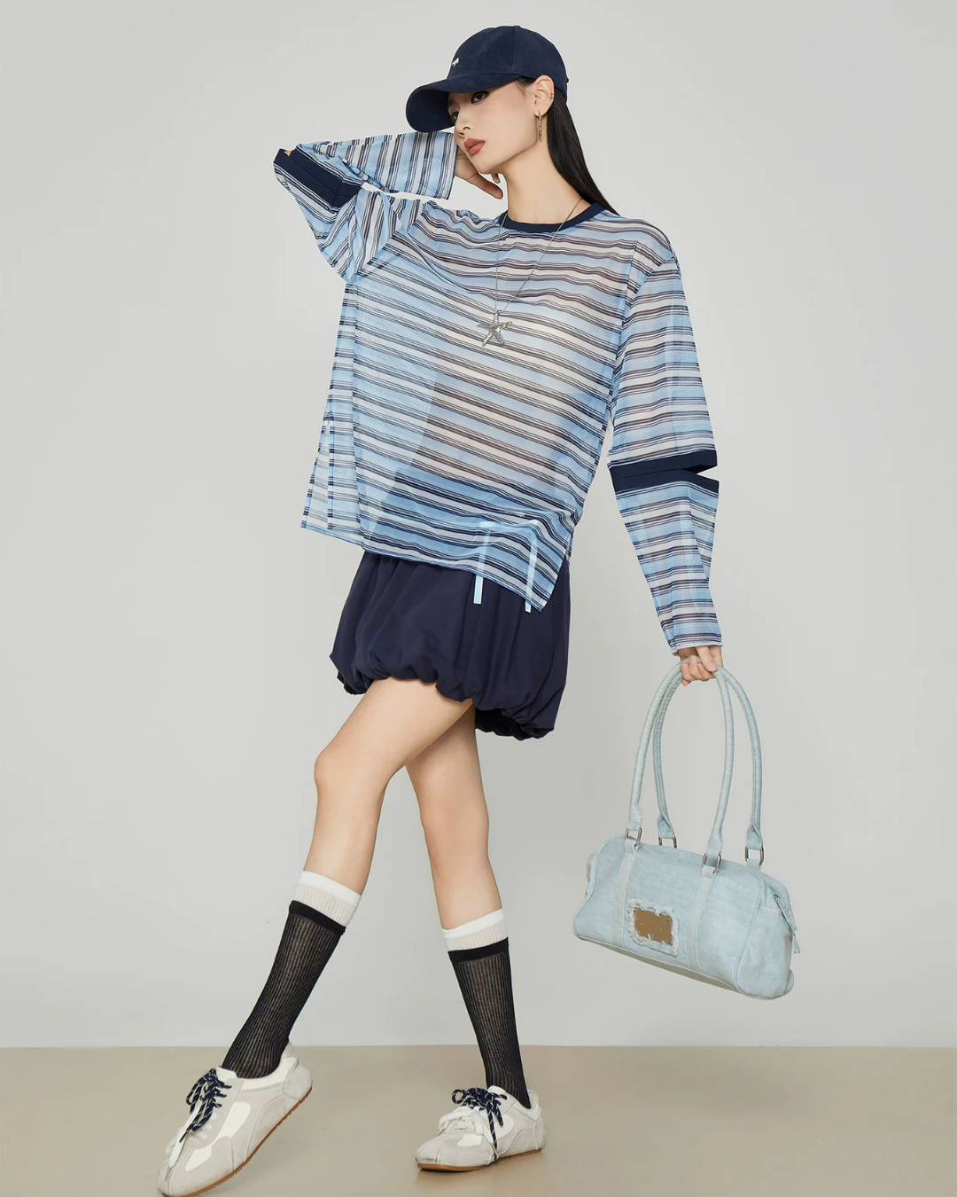 Striped Mesh Long-Sleeve T-Shirt FER0362