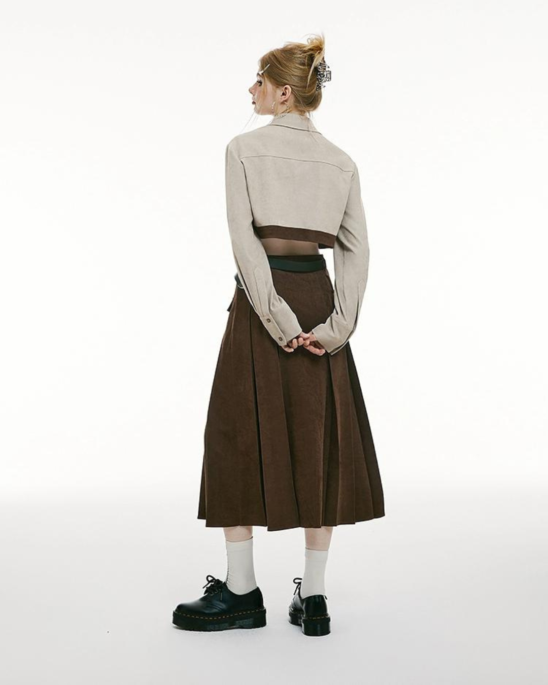 Short High Waisted Shirt＆Pleated Long Skirt IMO0101