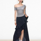 Gray Off-Shoulder Top / Navy Blue Polka Dot Long Skirt WEO0033