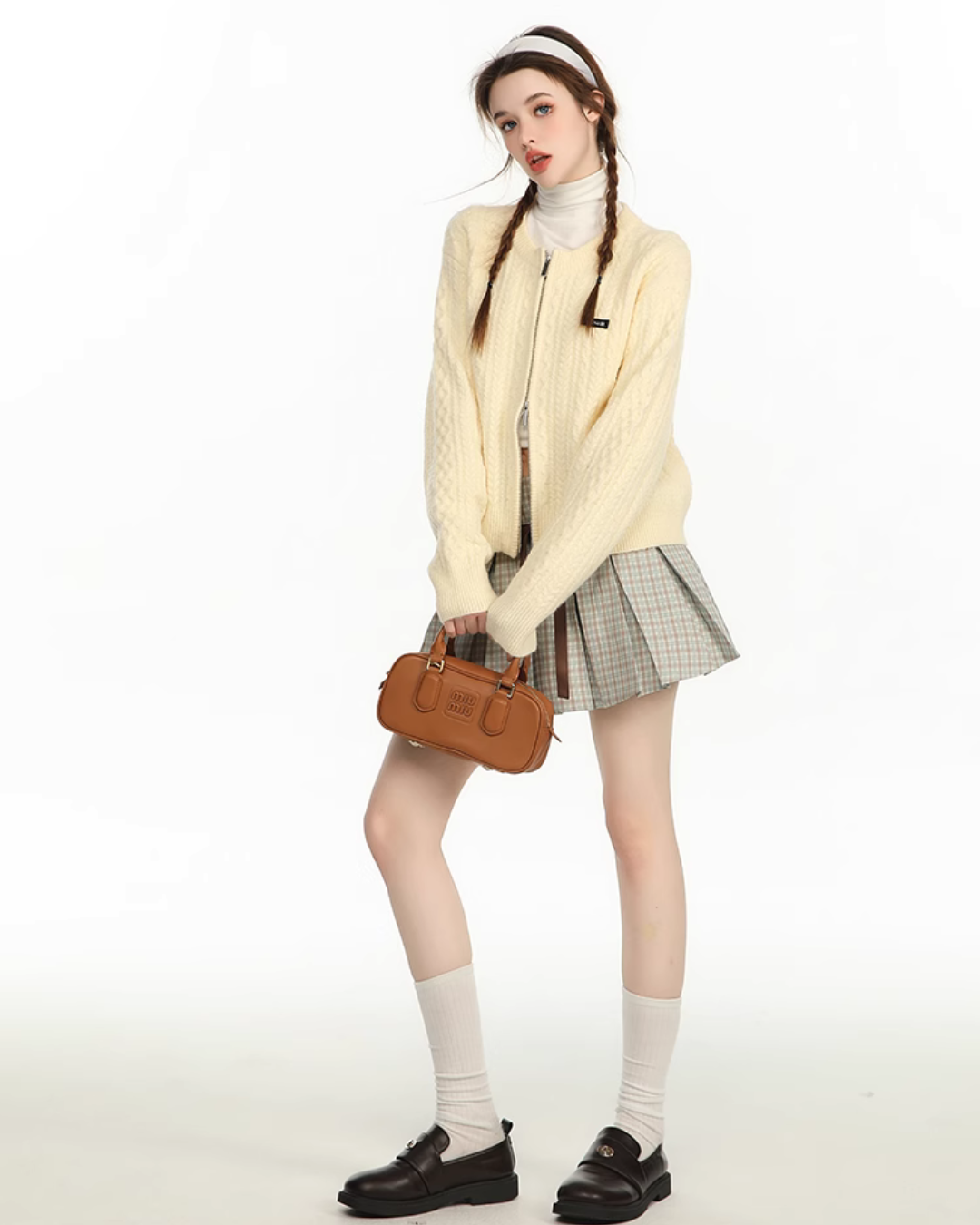 Double Zip Knit Tops / Plaid Mini Skirt CYN0126