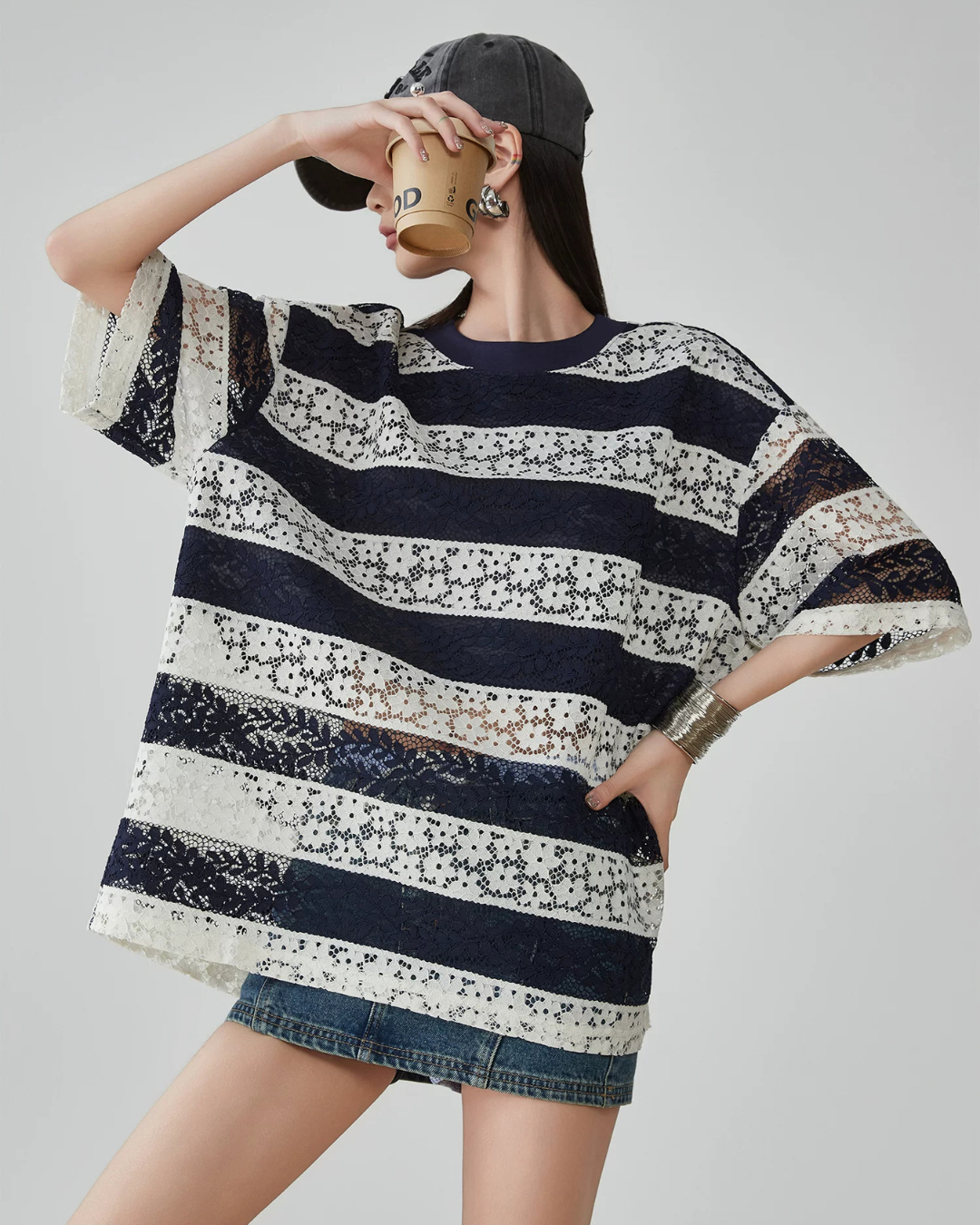 Sheer Lace Border Oversized T-Shirt FER0237