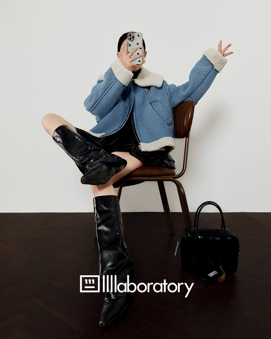 Denim Mouton Jacket / Leather Tiered Skirt  LLA0569