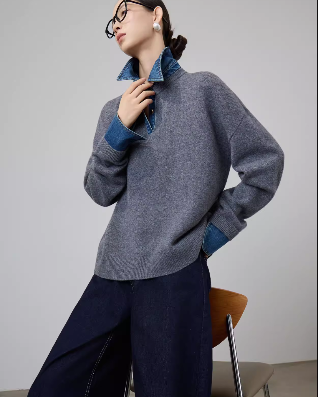 Denim Shirt Docking Knit Top SUY0025