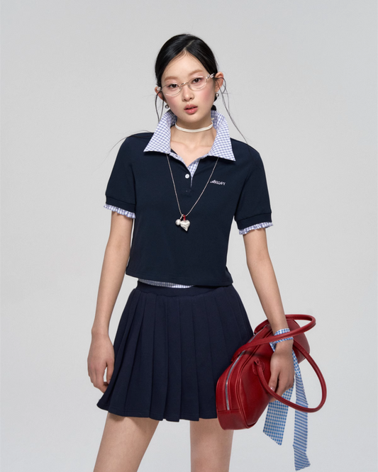 Checked Collar Half Button Top ASG0042