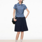 Checked Short Sleeve Shirt / Dark Blue Midi Skirt WEO0028
