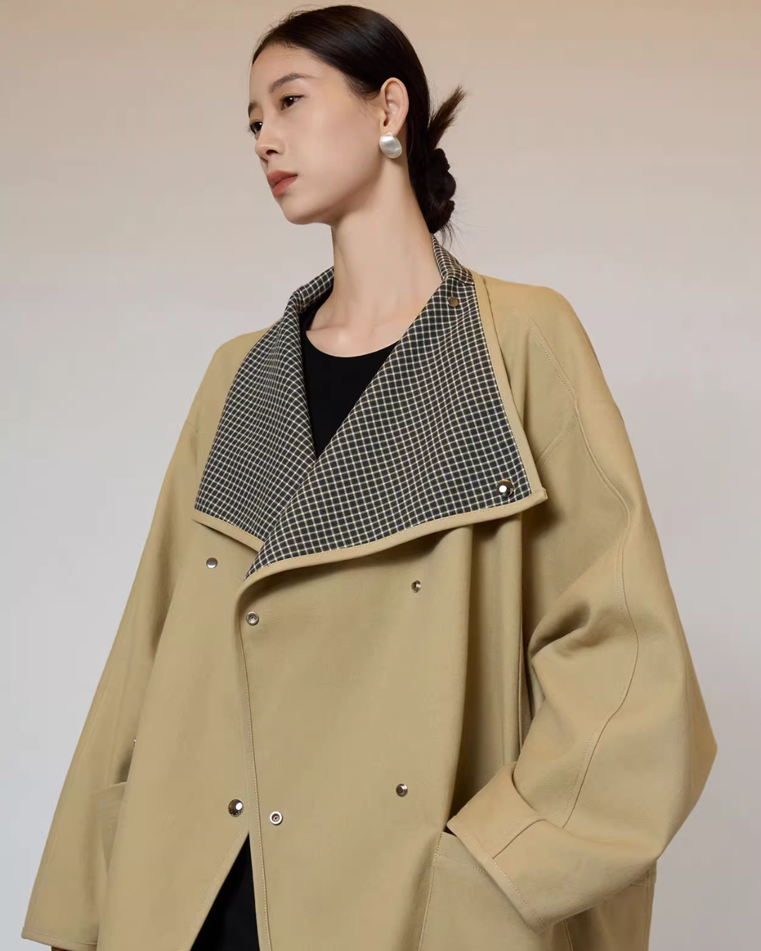 Khaki Plaid Patchwork Trench Coat  SUY0005