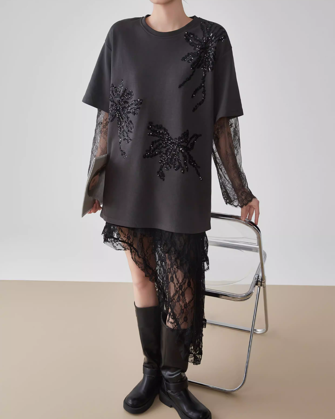 Lace Long-Sleeve Patchwork T-Shirt FER0070