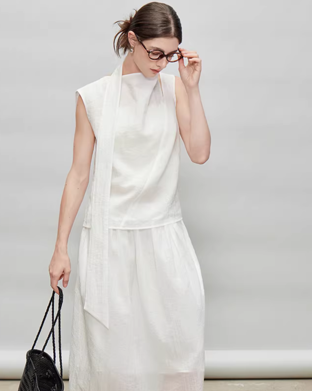 French Ribbon Sleeveless Top / Irregular Tulip Hem Skirt TEO0010
