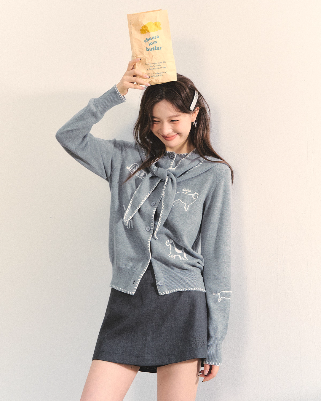 Dog Embroidery Round Neck Knit Cardigan ASG0070