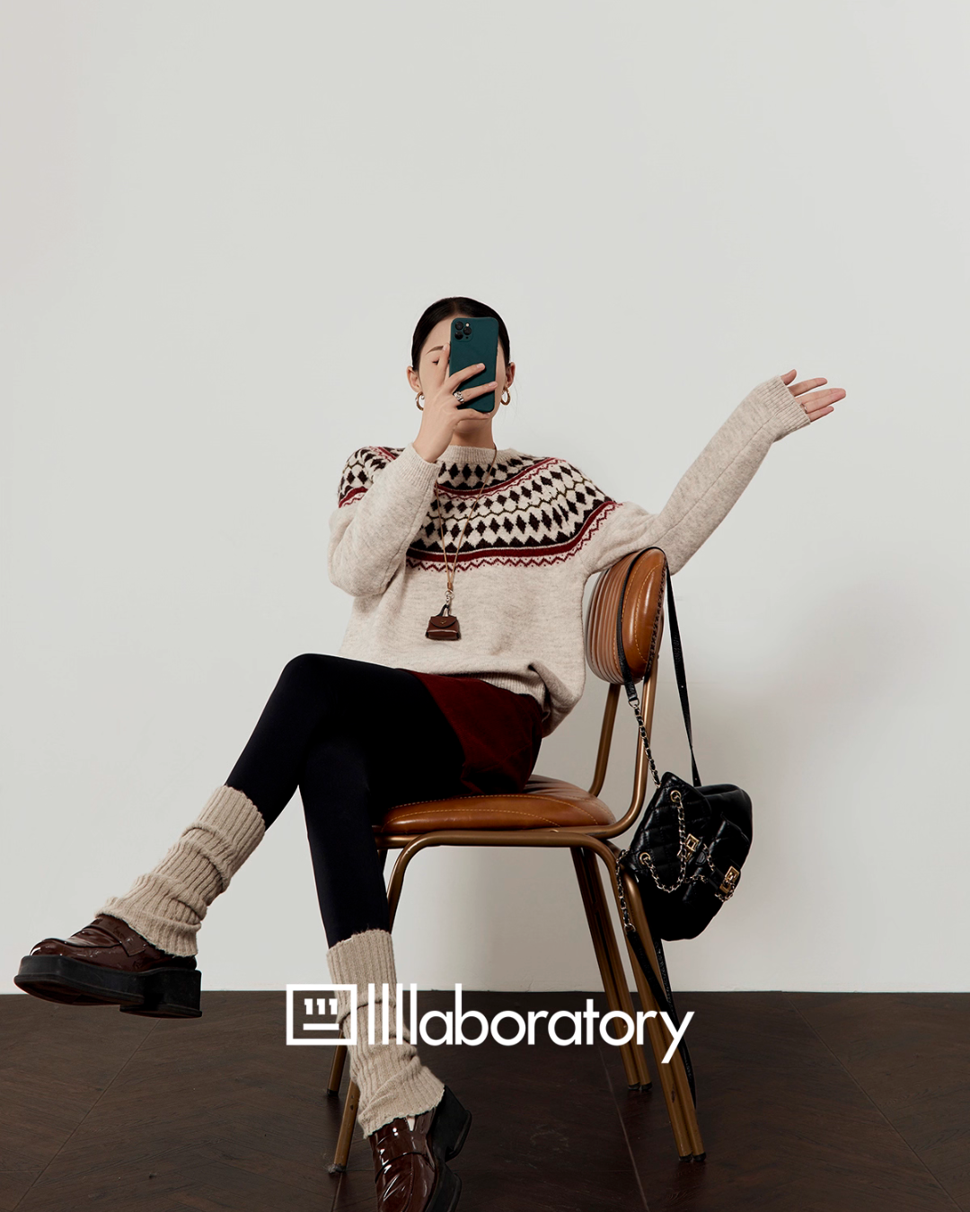 Nordic Crew Neck Knit/Suede Mini Skirt LLA0567