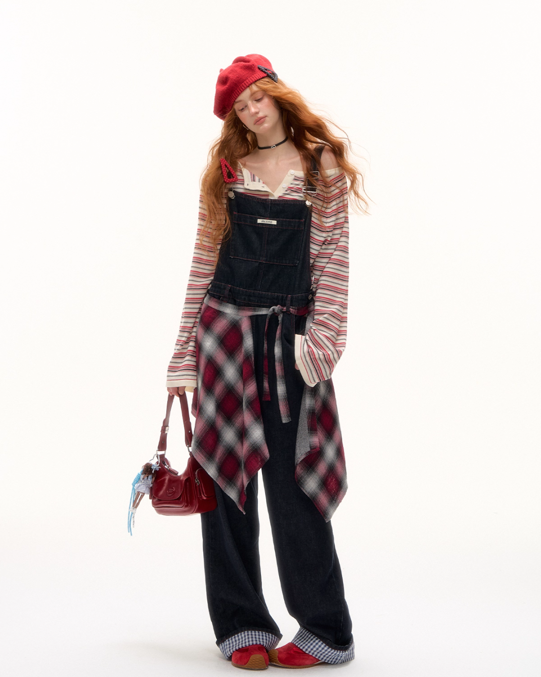 Half Button Border Top / Wide-Leg Denim Overalls ASG0053