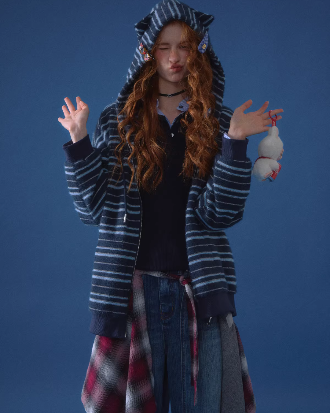 Striped Cat Ear Hoodie / Layered-Style Design Shirt ASG0076